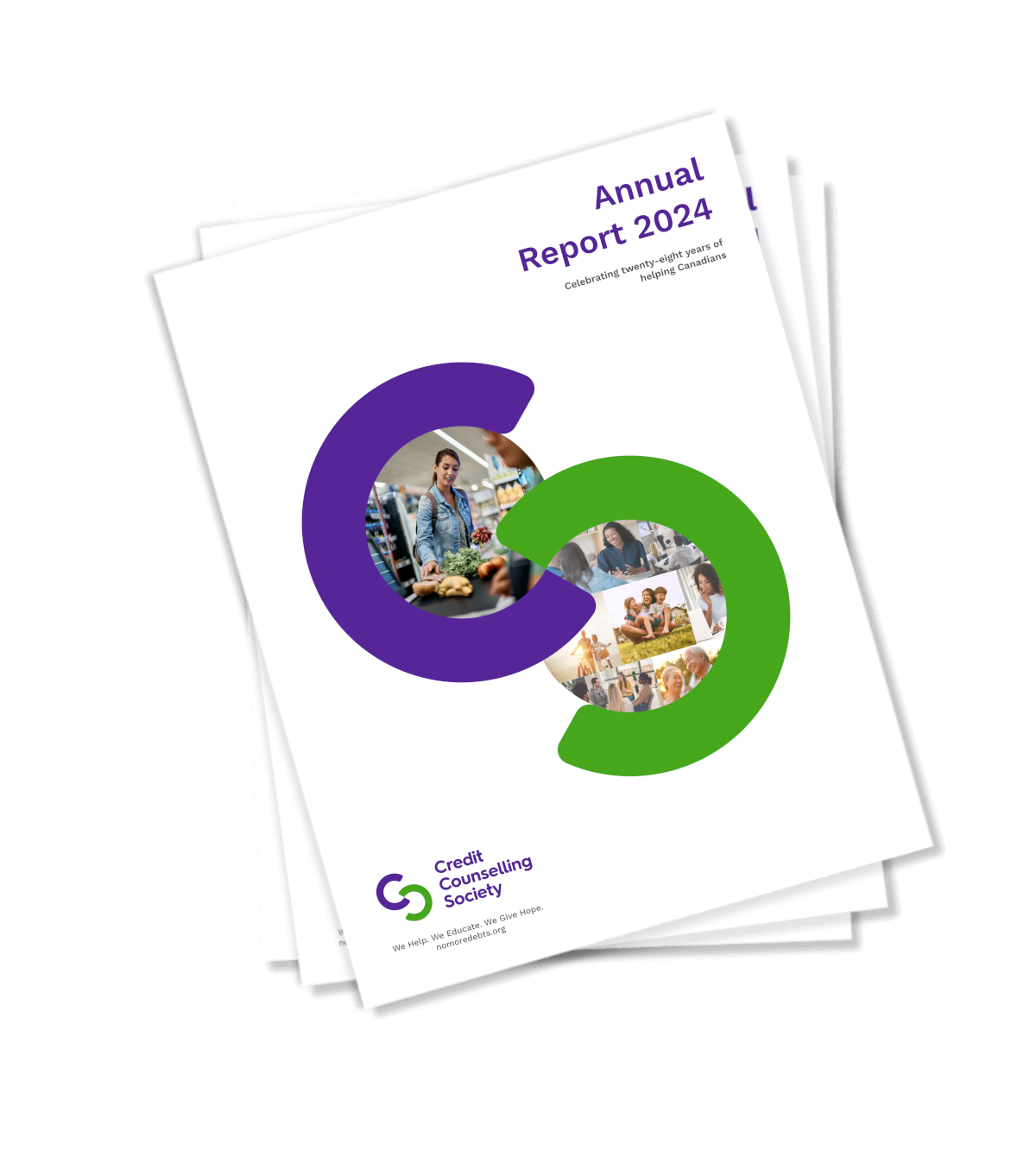 Stack of Annual Reports for the Credit Counselling Society with the 2024 report on top.